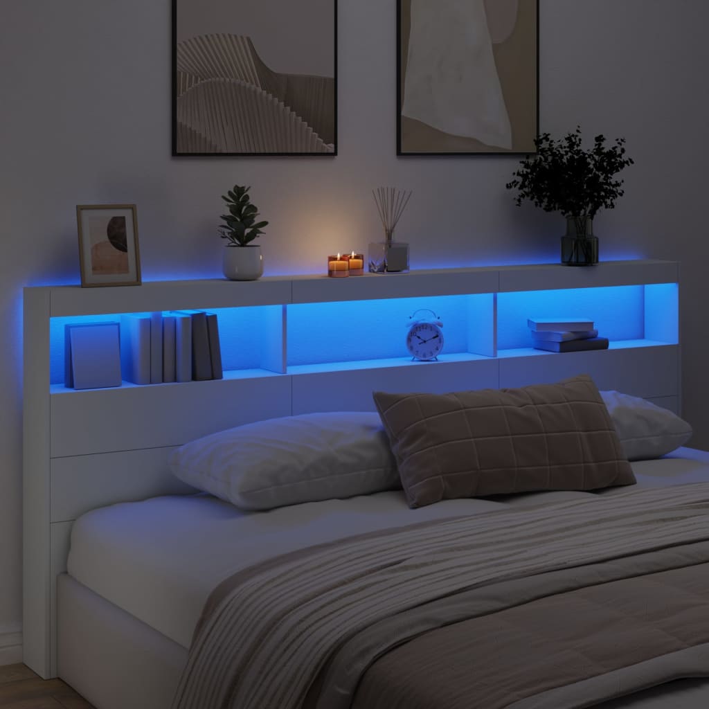 vidaXL Zagłówek z półkami i oświetleniem LED, biały, 220x17x102 cm