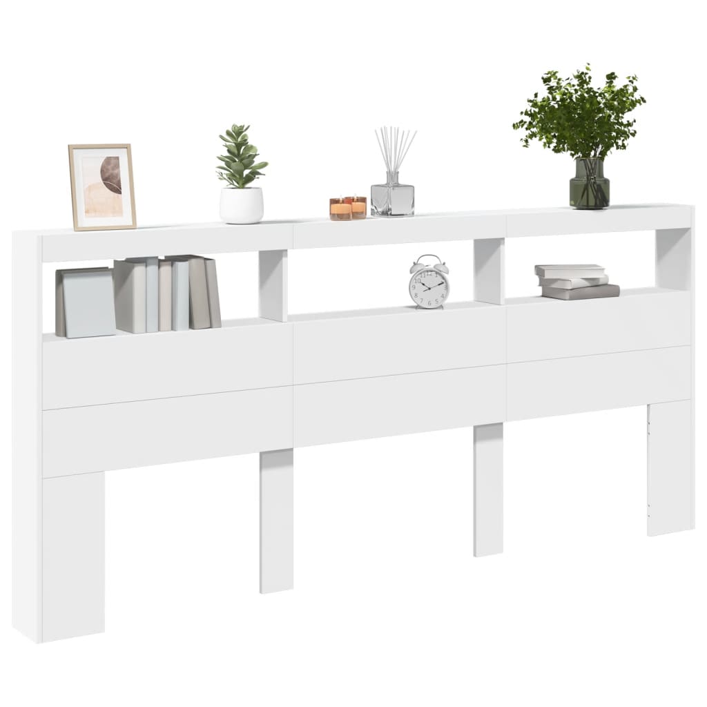 vidaXL Zagłówek z półkami i oświetleniem LED, biały, 220x17x102 cm