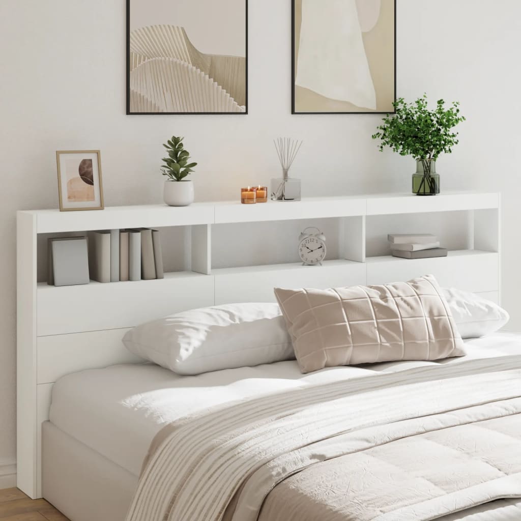 vidaXL Zagłówek z półkami i oświetleniem LED, biały, 220x17x102 cm