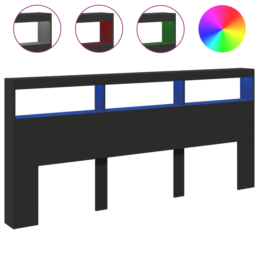 vidaXL Zagłówek z półkami i oświetleniem LED, czarny, 220x17x102 cm