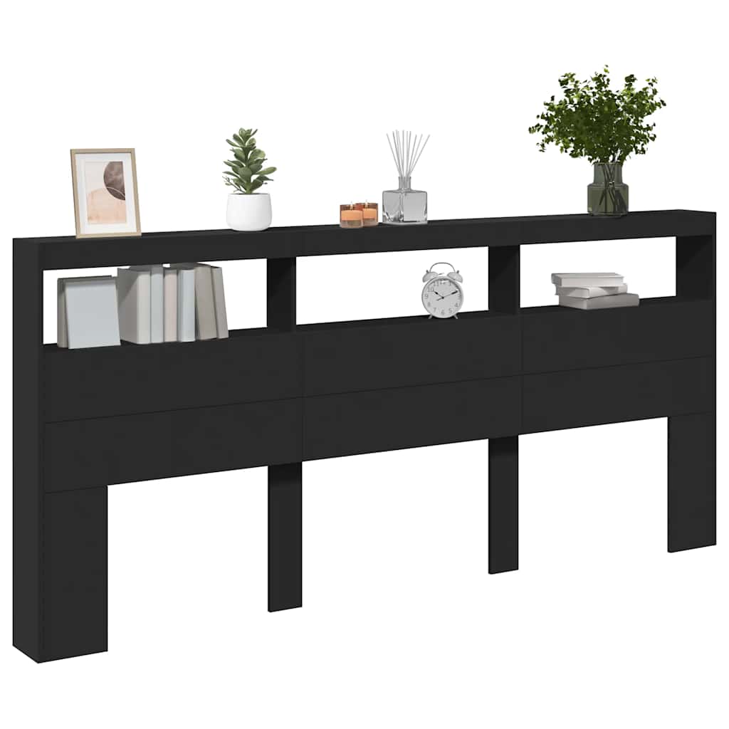 vidaXL Zagłówek z półkami i oświetleniem LED, czarny, 220x17x102 cm