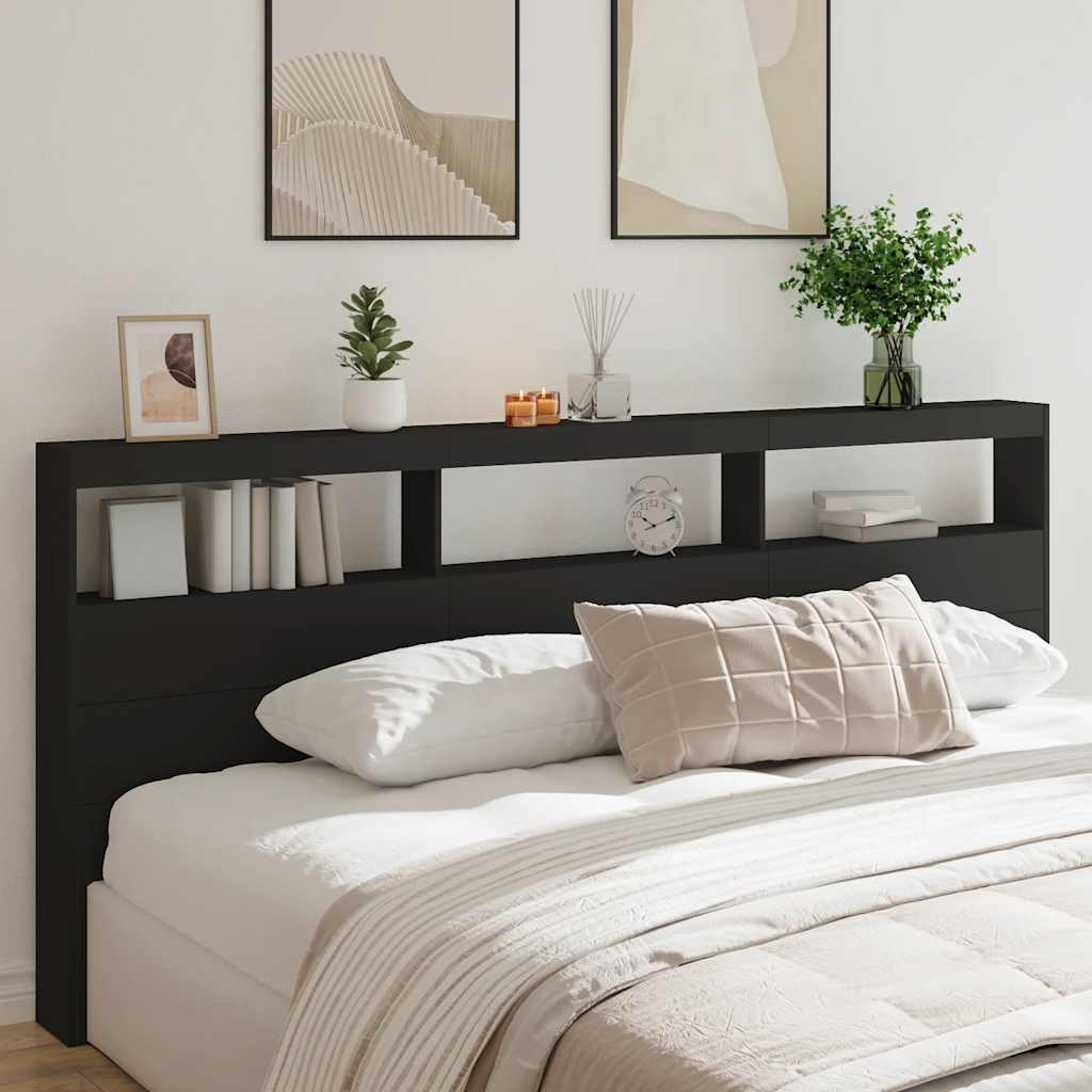 vidaXL Zagłówek z półkami i oświetleniem LED, czarny, 220x17x102 cm