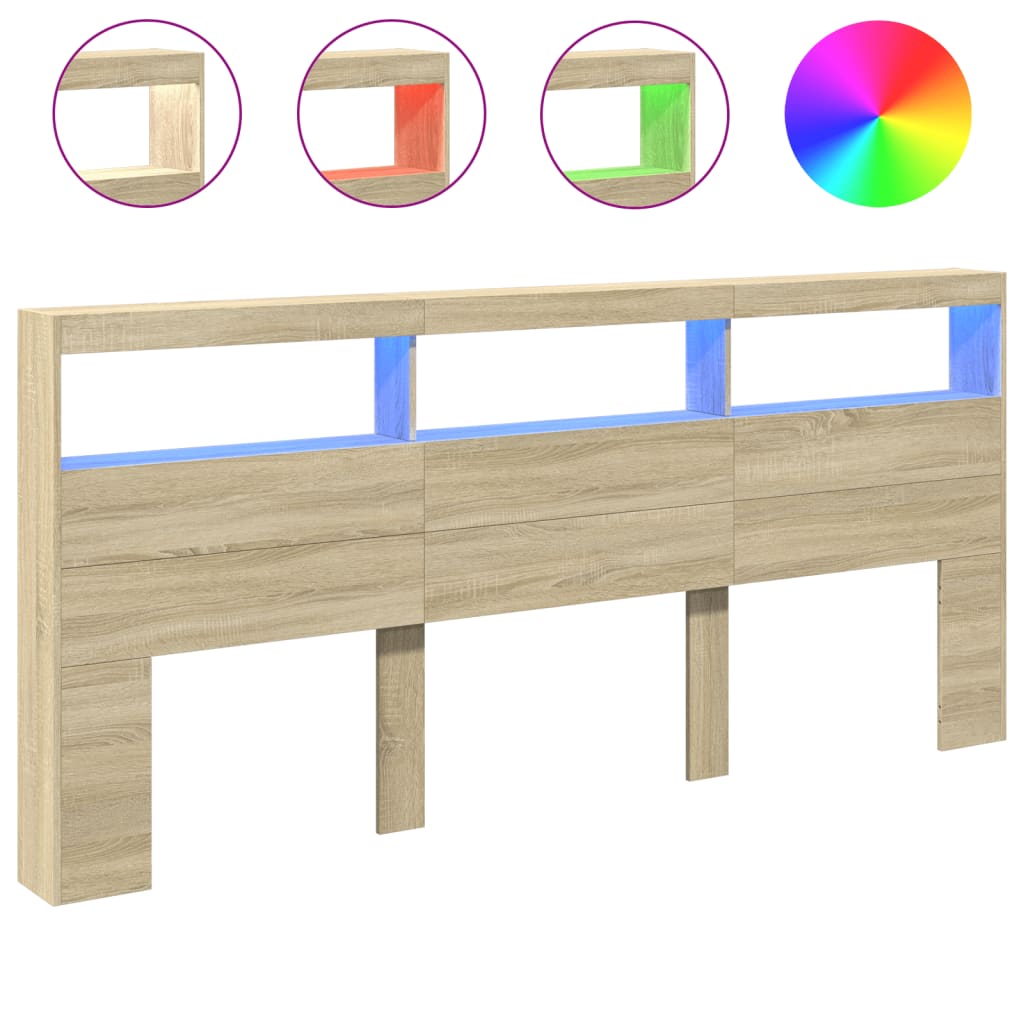 vidaXL Zagłówek z półkami i oświetleniem LED, dąb sonoma, 220x17x102cm
