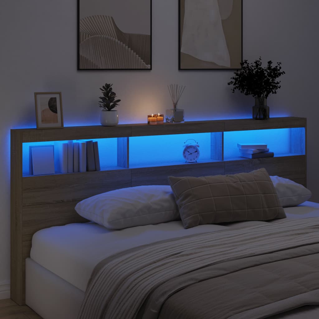 vidaXL Zagłówek z półkami i oświetleniem LED, dąb sonoma, 220x17x102cm
