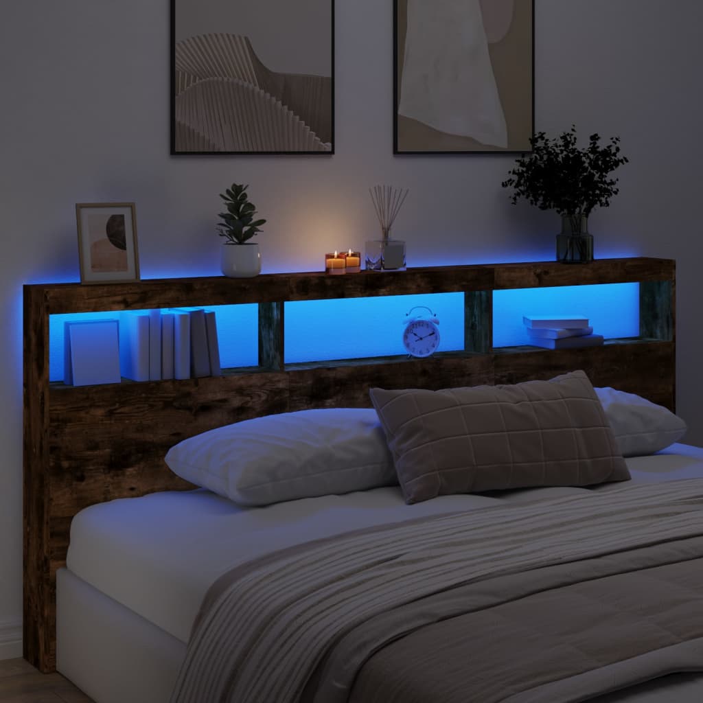 vidaXL Zagłówek z półkami i LED, przydymiony dąb, 220x17x102 cm