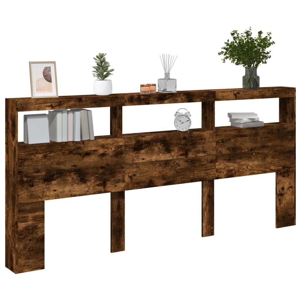 vidaXL Zagłówek z półkami i LED, przydymiony dąb, 220x17x102 cm