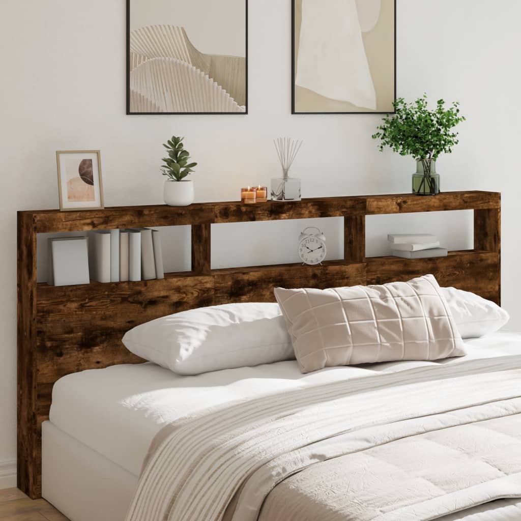 vidaXL Zagłówek z półkami i LED, przydymiony dąb, 220x17x102 cm