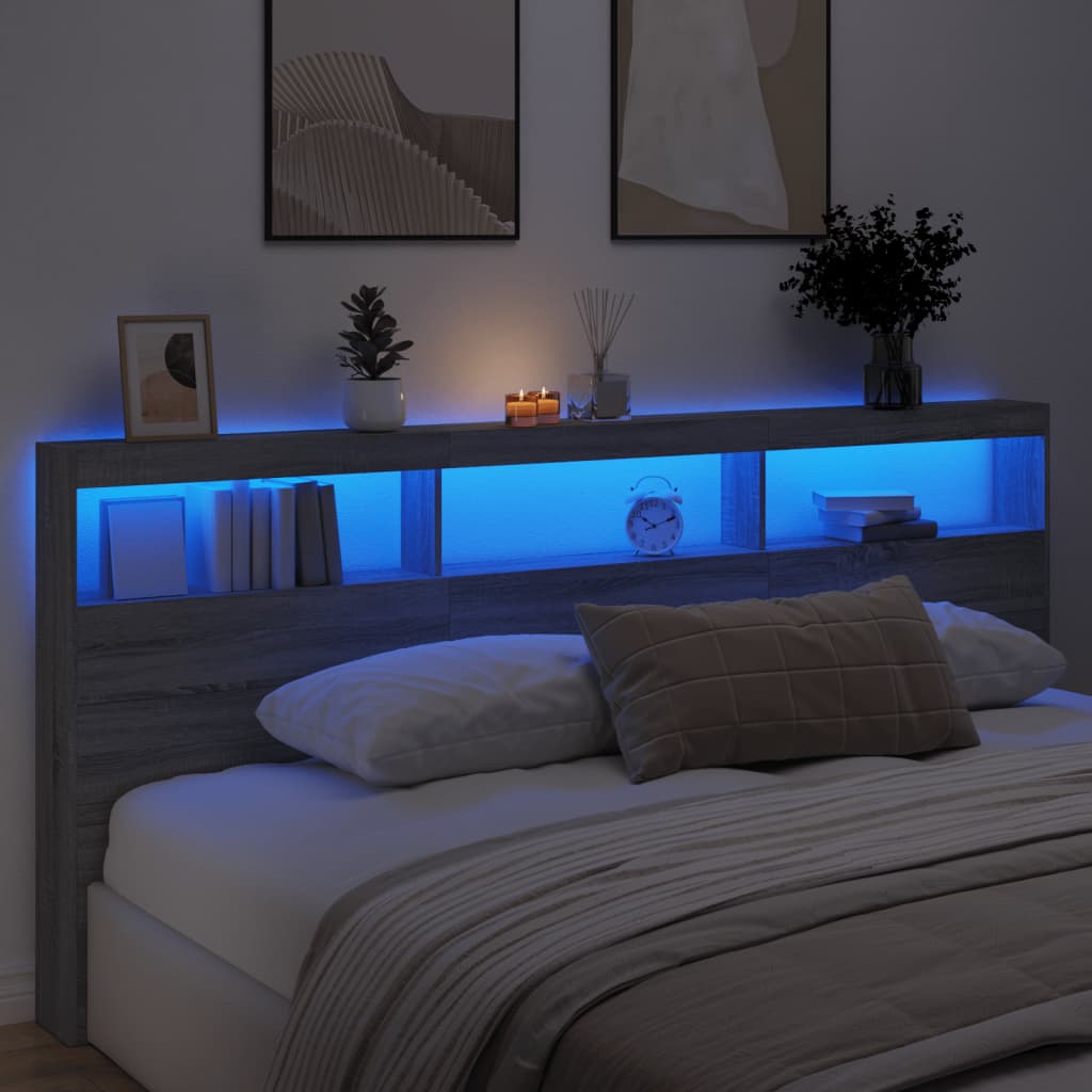 vidaXL Zagłówek z półkami i LED, szary dąb sonoma, 220x17x102 cm