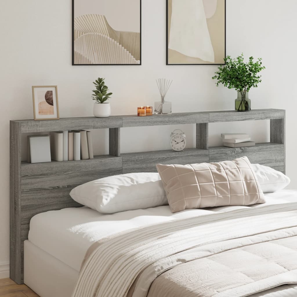 vidaXL Zagłówek z półkami i LED, szary dąb sonoma, 220x17x102 cm