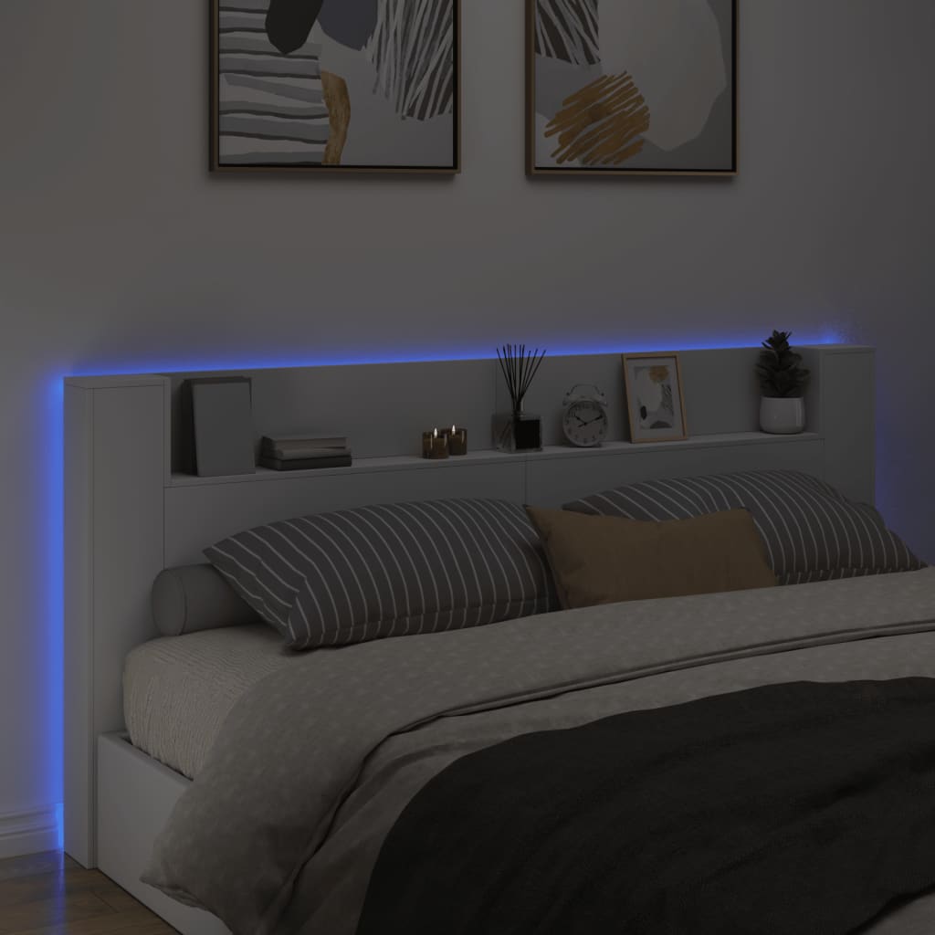 vidaXL Zagłówek z półką i oświetleniem LED, biały, 220x16,5x103,5 cm