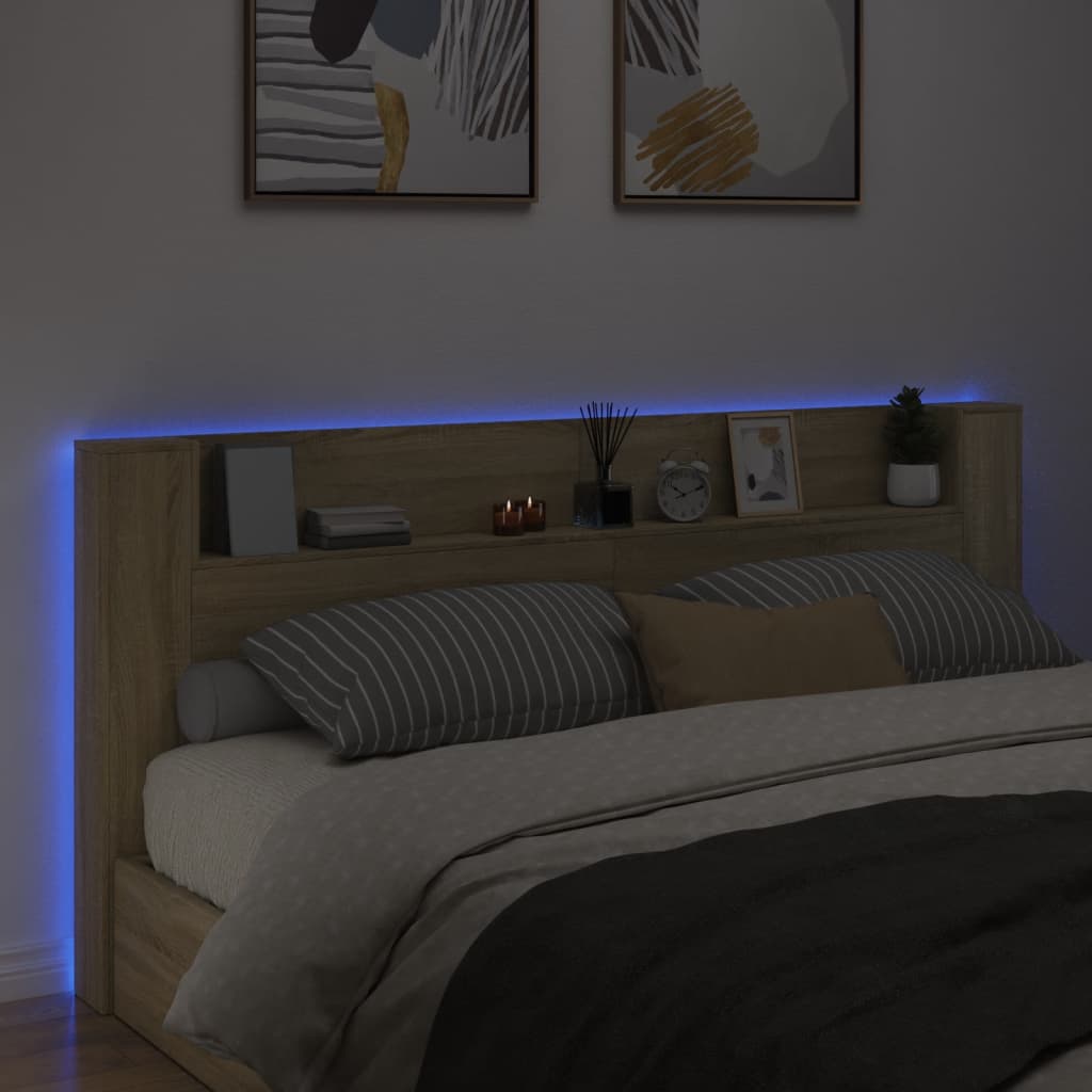 vidaXL Zagłówek z półką i LED, dąb sonoma, 220x16,5x103,5 cm