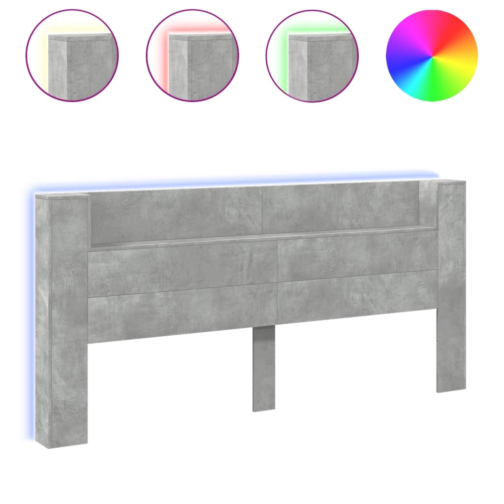 vidaXL Zagłówek z półką i LED, szarość betonu, 220x16,5x103,5 cm