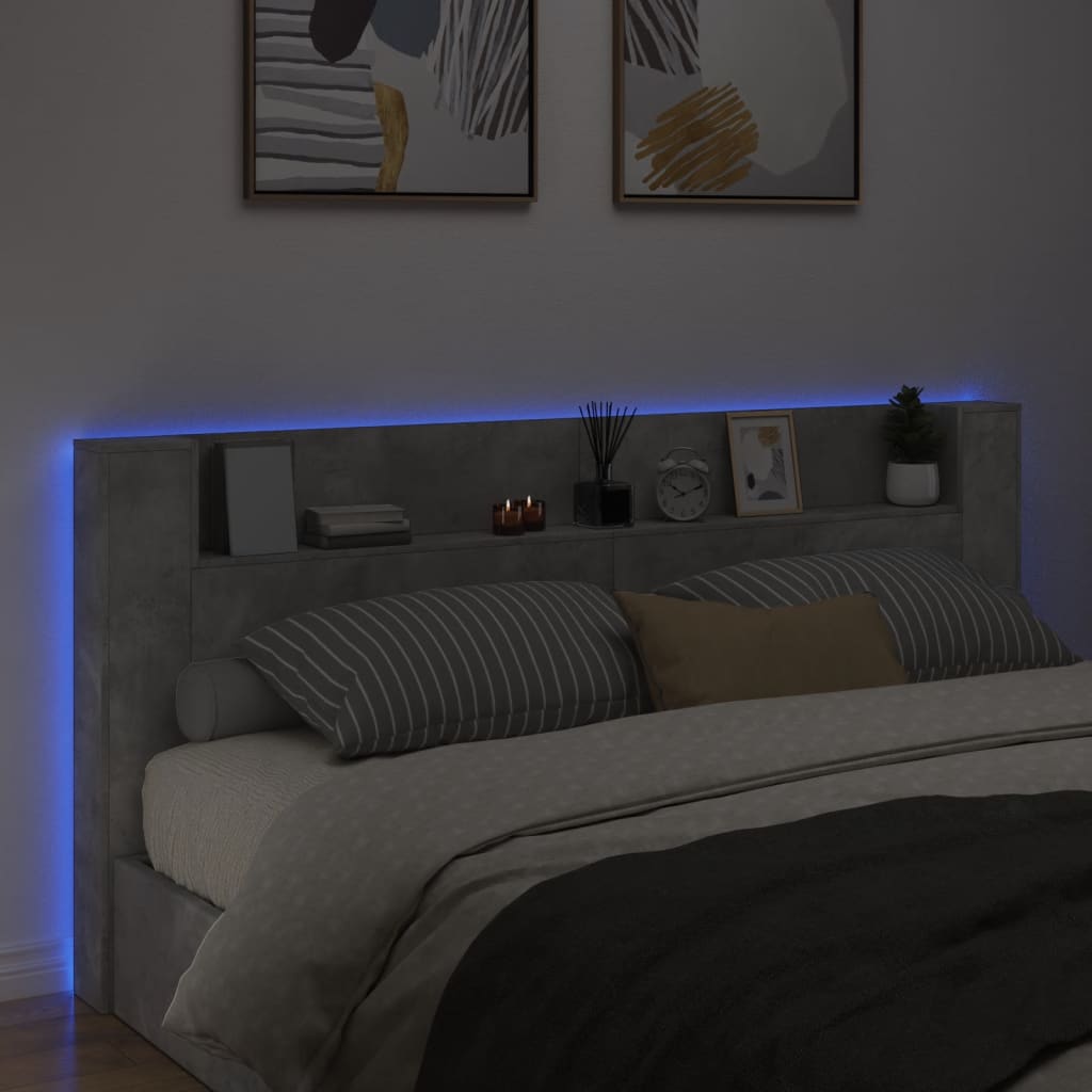 vidaXL Zagłówek z półką i LED, szarość betonu, 220x16,5x103,5 cm