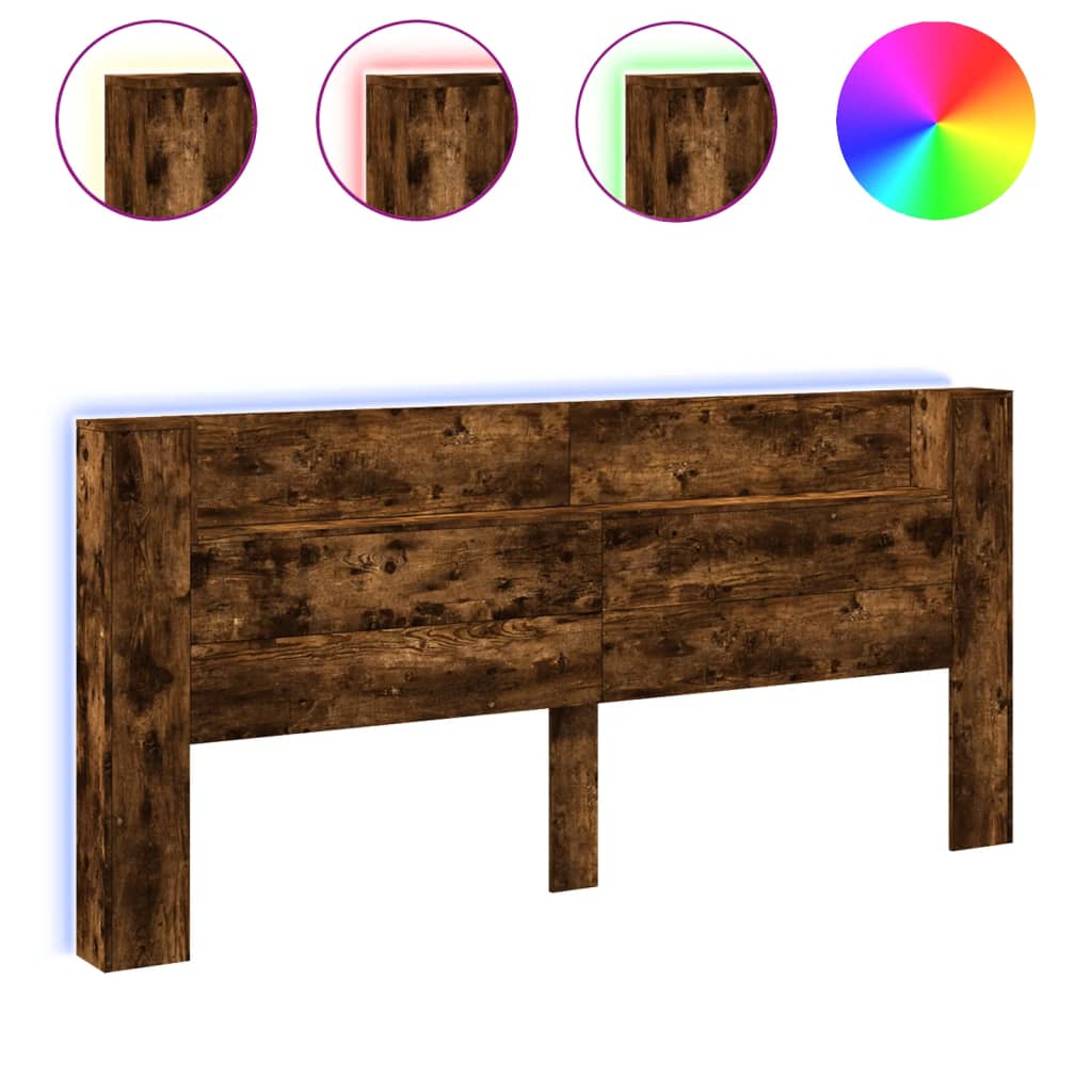 vidaXL Zagłówek z półką i LED, przydymiony dąb, 220x16,5x103,5 cm