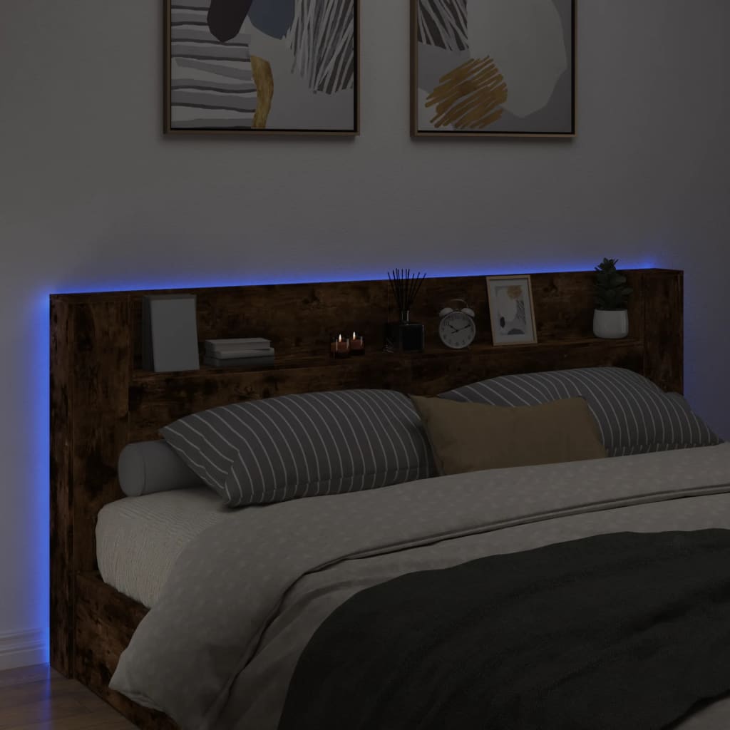 vidaXL Zagłówek z półką i LED, przydymiony dąb, 220x16,5x103,5 cm