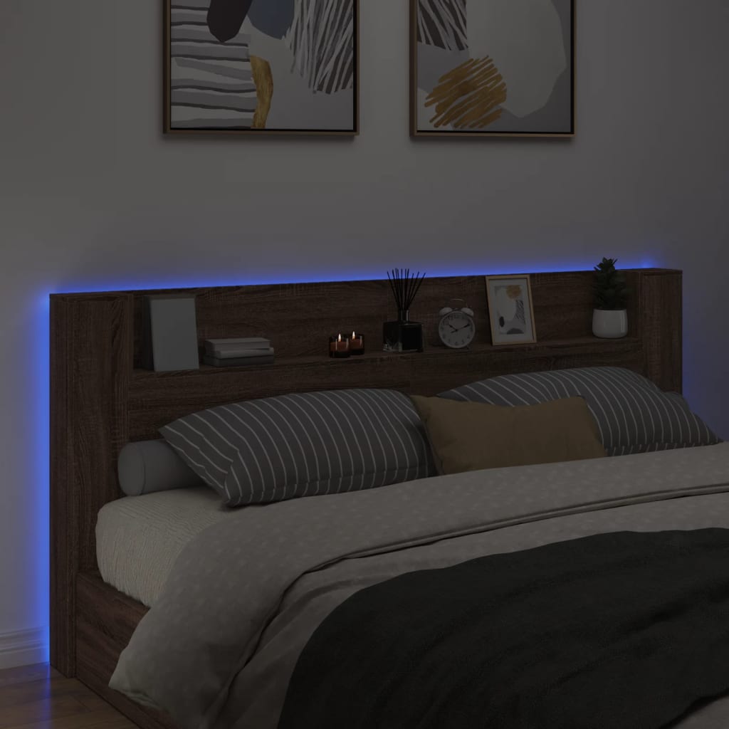 vidaXL Zagłówek z półką i LED, brązowy dąb, 220x16,5x103,5 cm