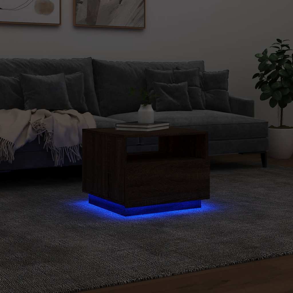 vidaXL Stolik kawowy z podświetleniem LED, brązowy dąb, 50x49x40 cm