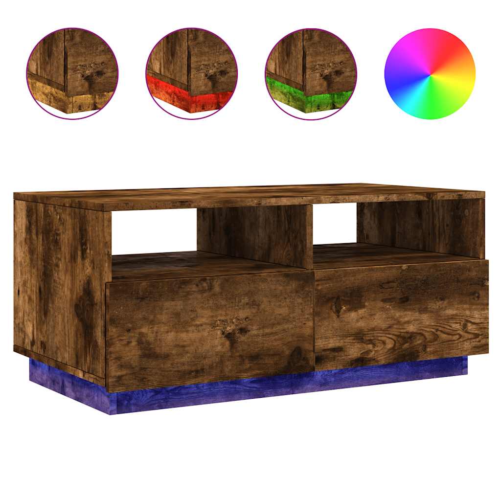 vidaXL Stolik kawowy z oświetleniem LED, przydymiony dąb, 90x49x40 cm
