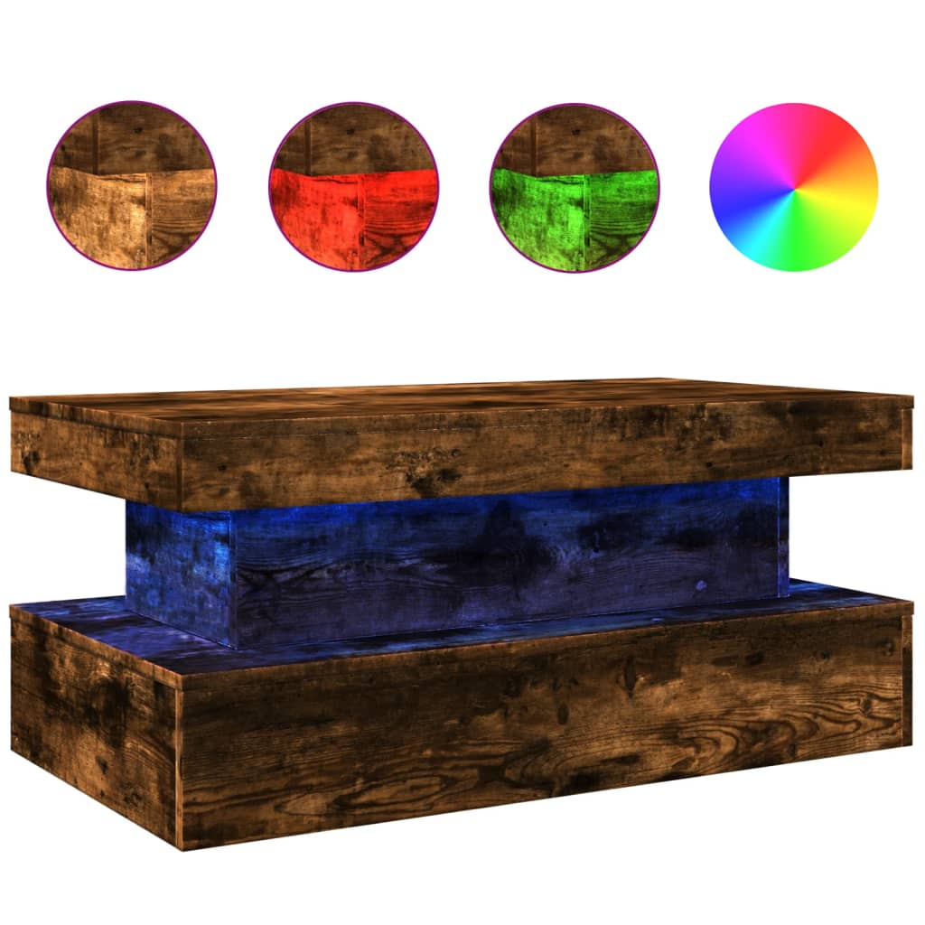 vidaXL Stolik kawowy z oświetleniem LED, przydymiony dąb, 90x50x40 cm