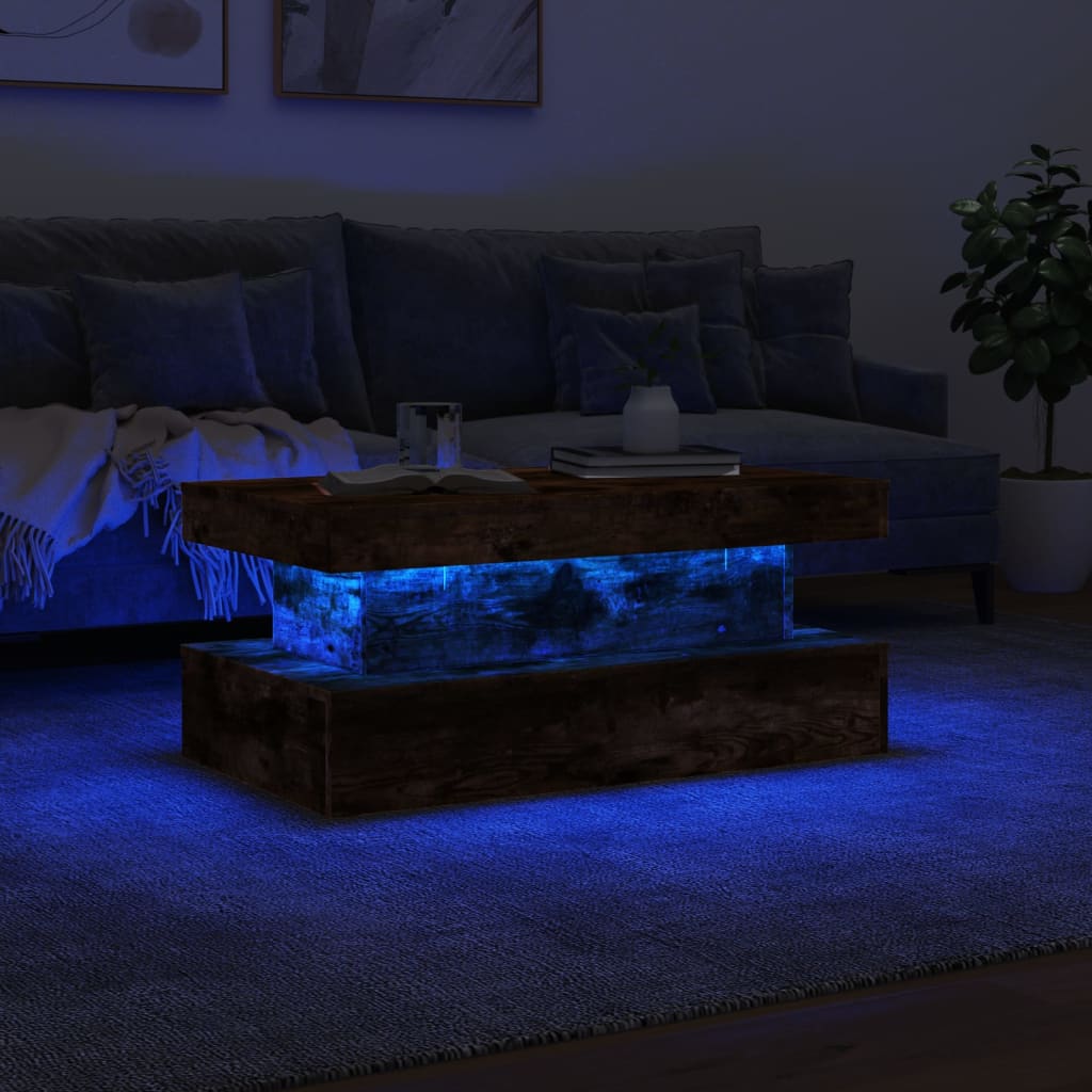 vidaXL Stolik kawowy z oświetleniem LED, przydymiony dąb, 90x50x40 cm