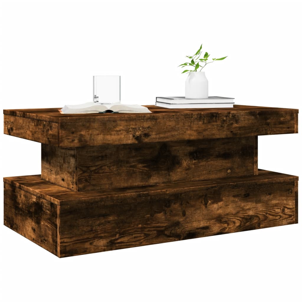 vidaXL Stolik kawowy z oświetleniem LED, przydymiony dąb, 90x50x40 cm