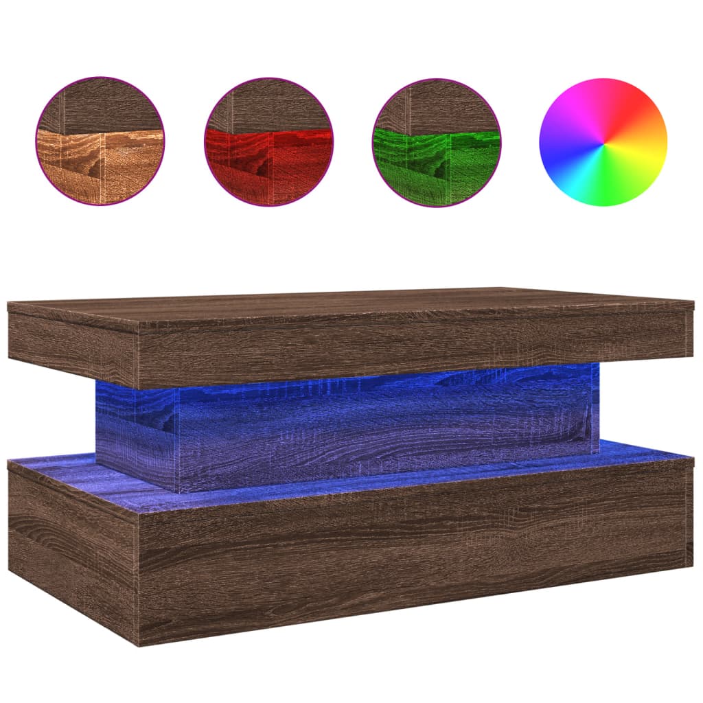 vidaXL Stolik kawowy z oświetleniem LED, brązowy dąb, 90x50x40 cm