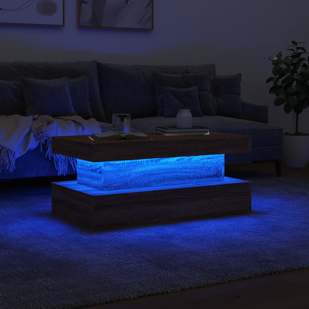 vidaXL Stolik kawowy z oświetleniem LED, brązowy dąb, 90x50x40 cm