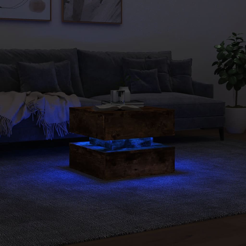 vidaXL Stolik kawowy z oświetleniem LED, przydymiony dąb, 50x50x40 cm