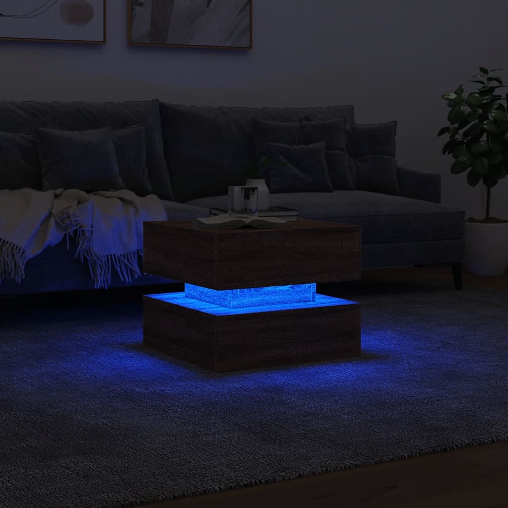 vidaXL Stolik kawowy z oświetleniem LED, brązowy dąb, 50x50x40 cm