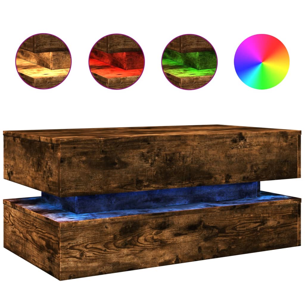 vidaXL Stolik kawowy z oświetleniem LED, przydymiony dąb, 90x50x40 cm