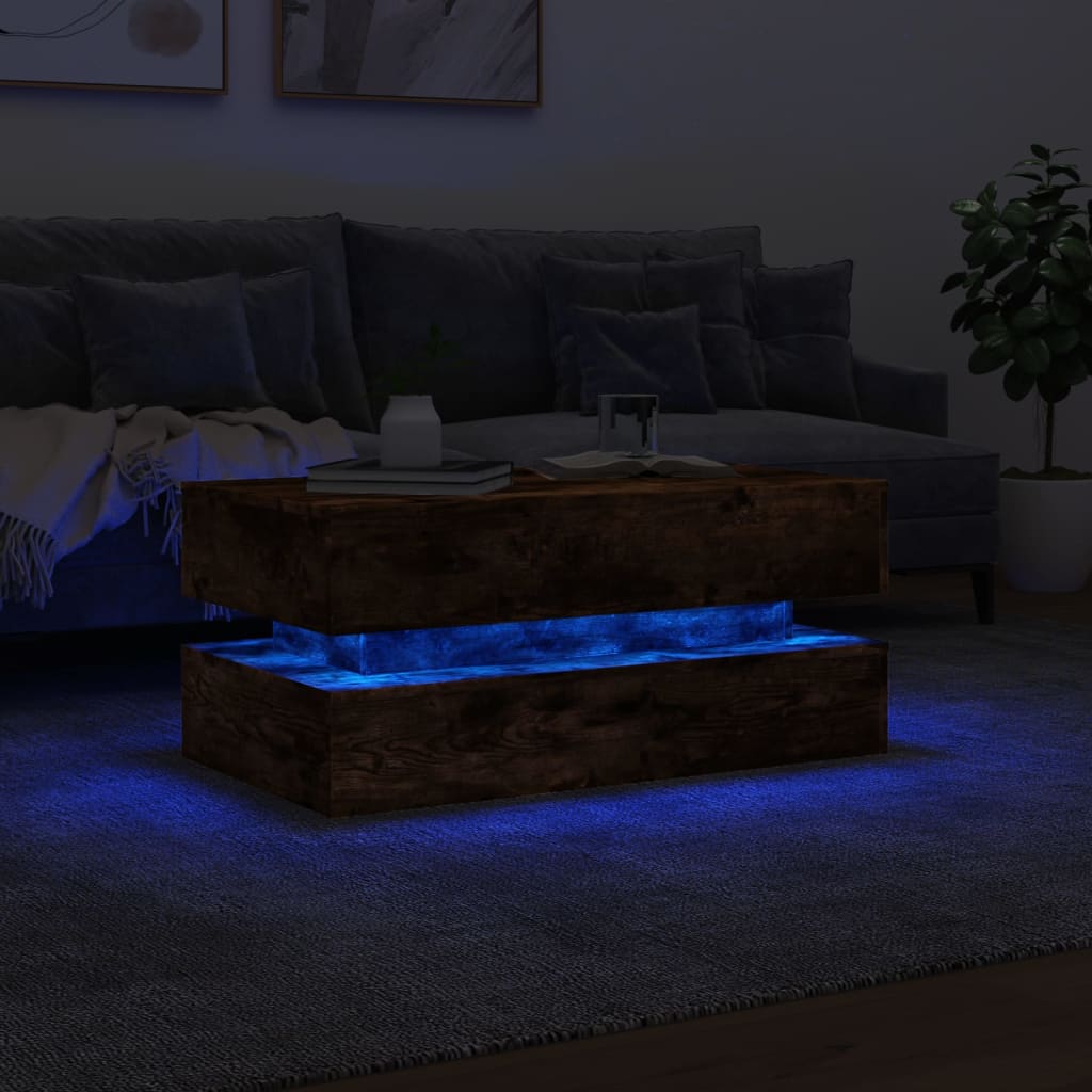 vidaXL Stolik kawowy z oświetleniem LED, przydymiony dąb, 90x50x40 cm