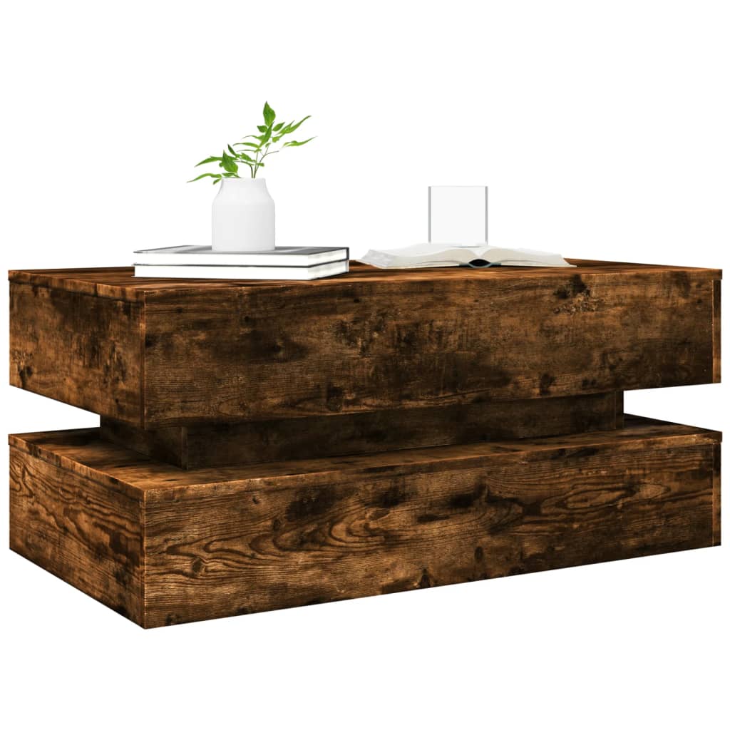 vidaXL Stolik kawowy z oświetleniem LED, przydymiony dąb, 90x50x40 cm