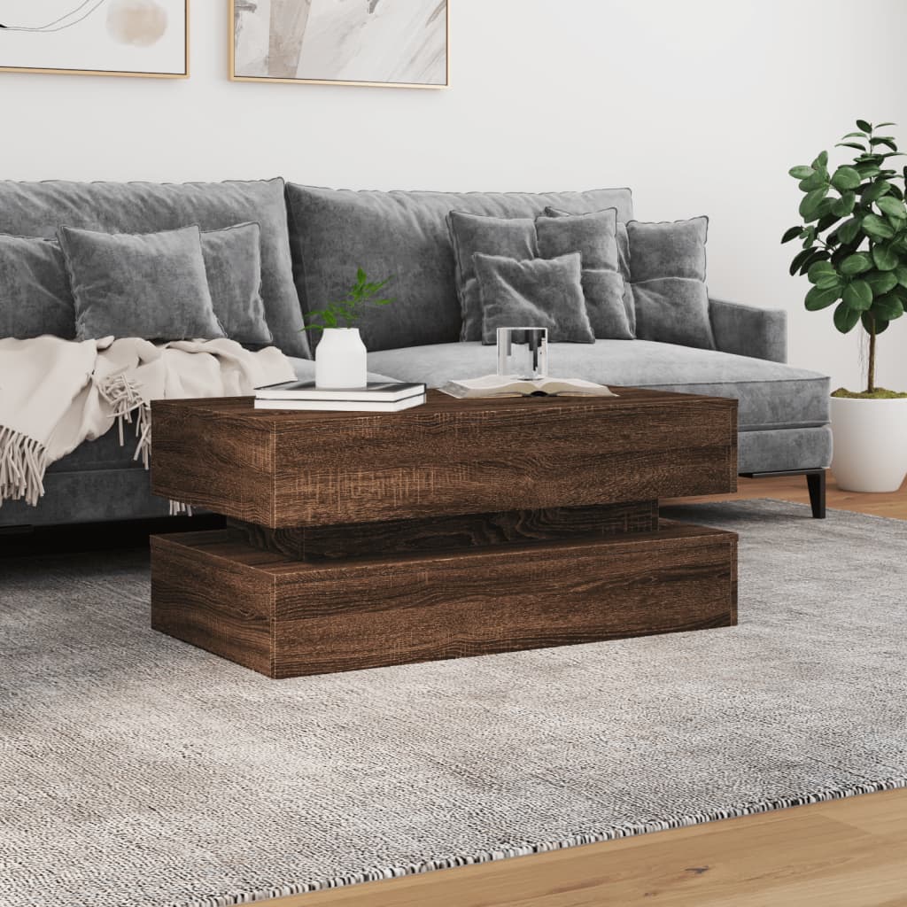 vidaXL Stolik kawowy z oświetleniem LED, brązowy dąb, 90x50x40 cm