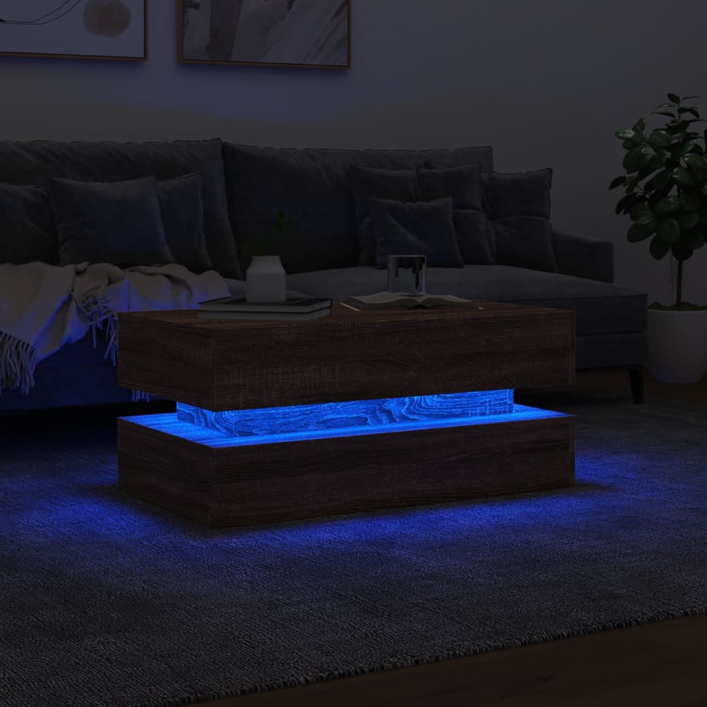 vidaXL Stolik kawowy z oświetleniem LED, brązowy dąb, 90x50x40 cm