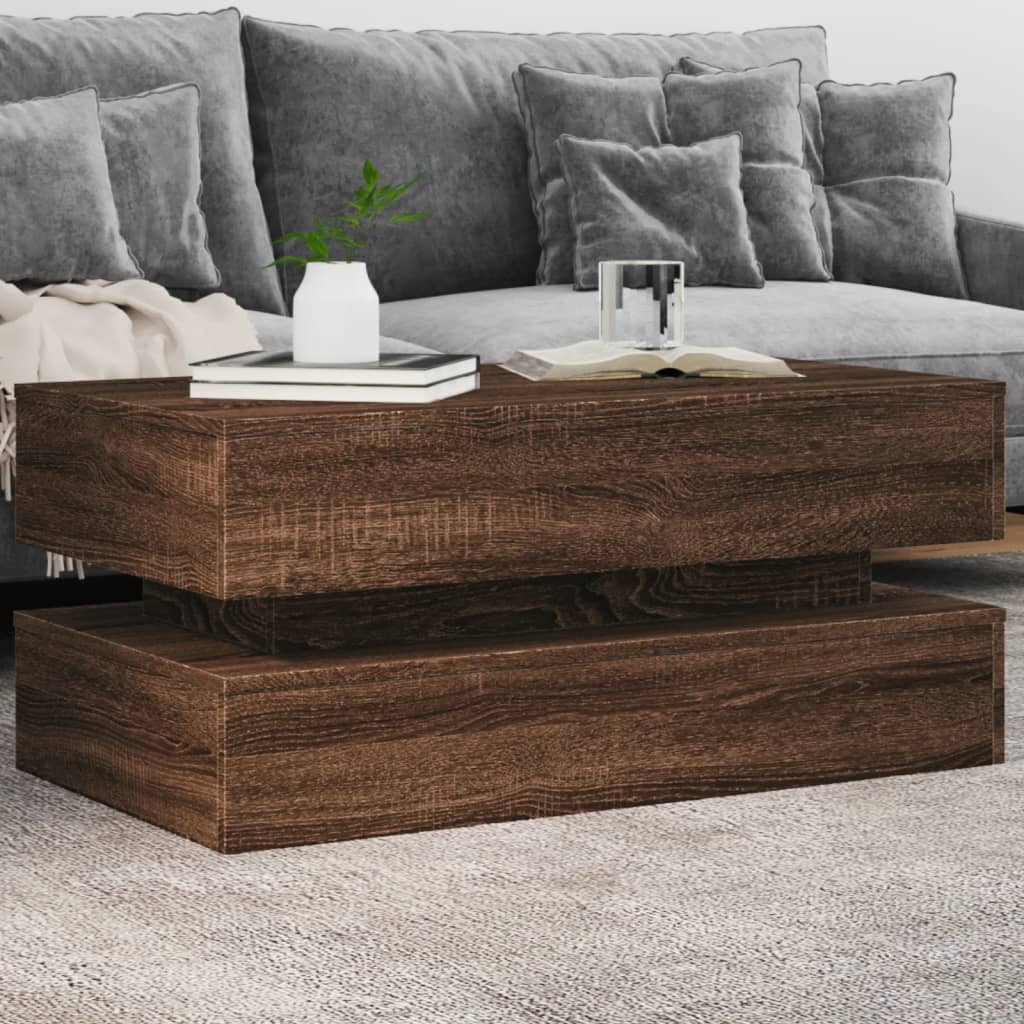 vidaXL Stolik kawowy z oświetleniem LED, brązowy dąb, 90x50x40 cm