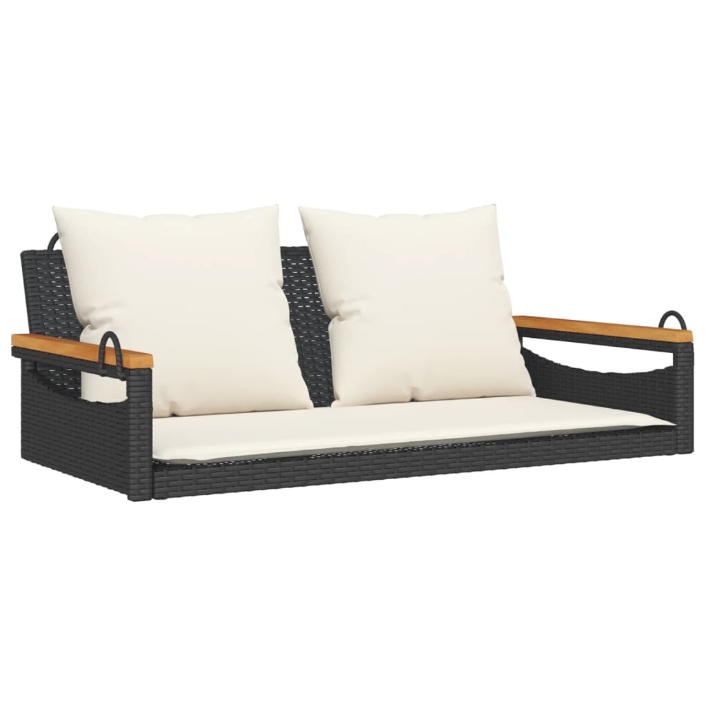 vidaXL Ławka bujana z poduszkami, czarna, 109x62x40 cm, polirattan