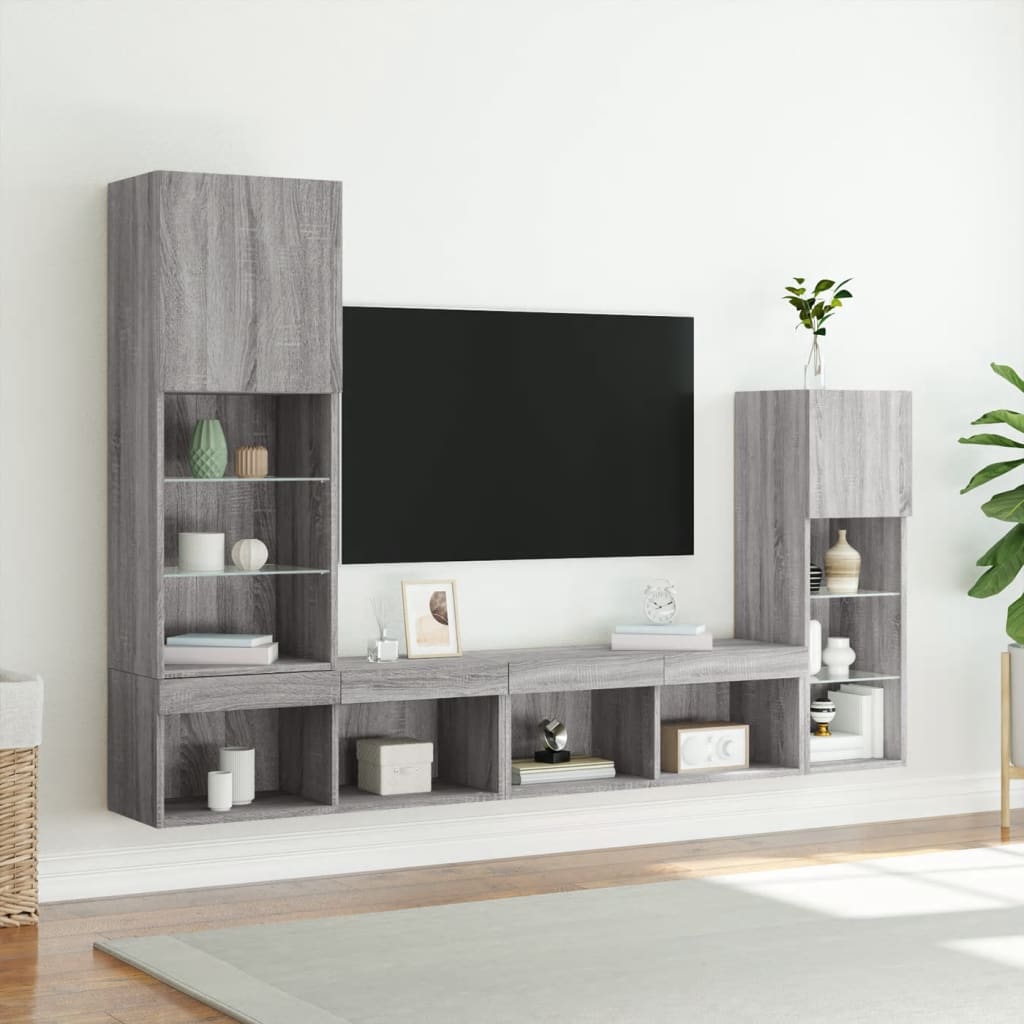 vidaXL 4-częściowy zestaw mebli TV z LED, szary dąb sonoma