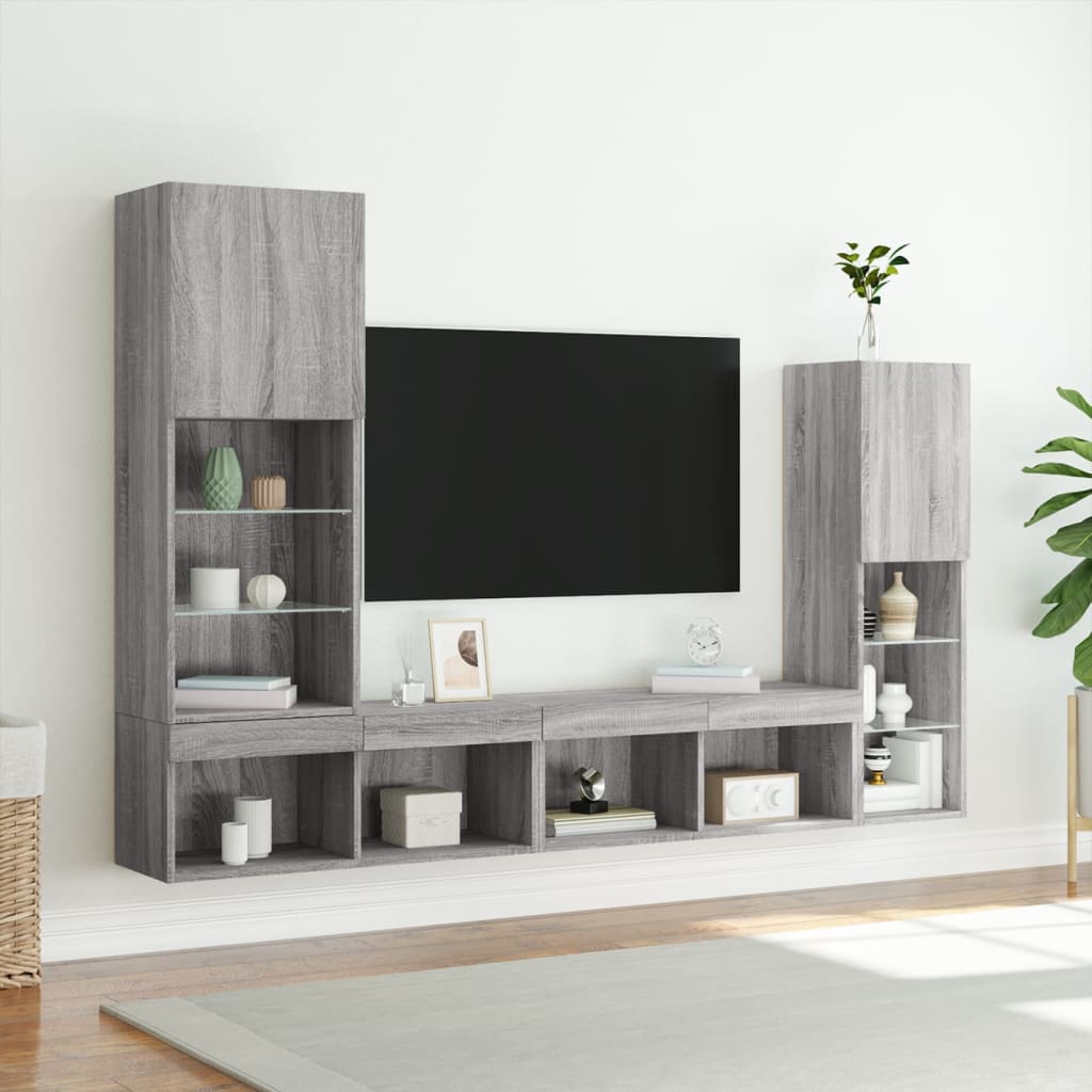 vidaXL 4-częściowy zestaw mebli TV z LED, szary dąb sonoma