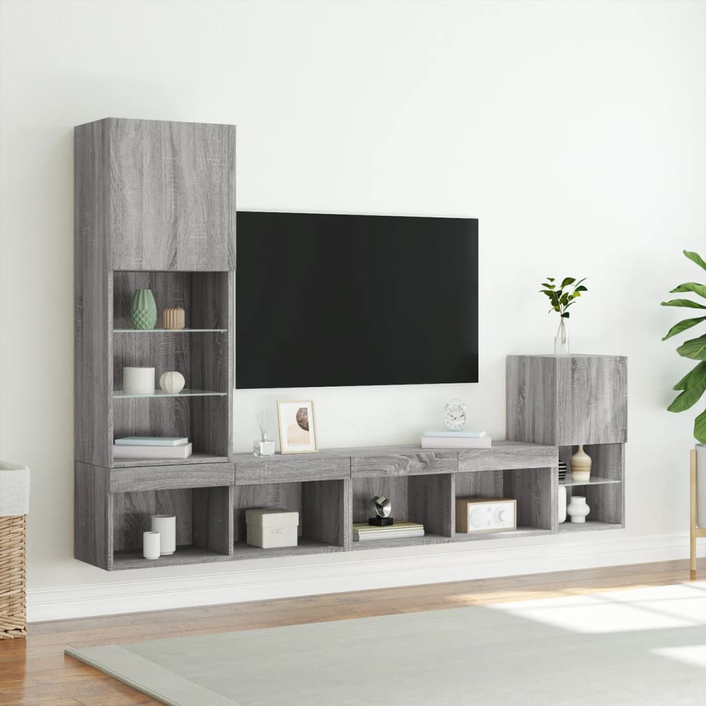 vidaXL 4-częściowy zestaw mebli TV z LED, szary dąb sonoma