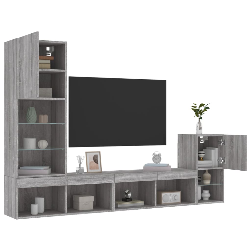 vidaXL 4-częściowy zestaw mebli TV z LED, szary dąb sonoma