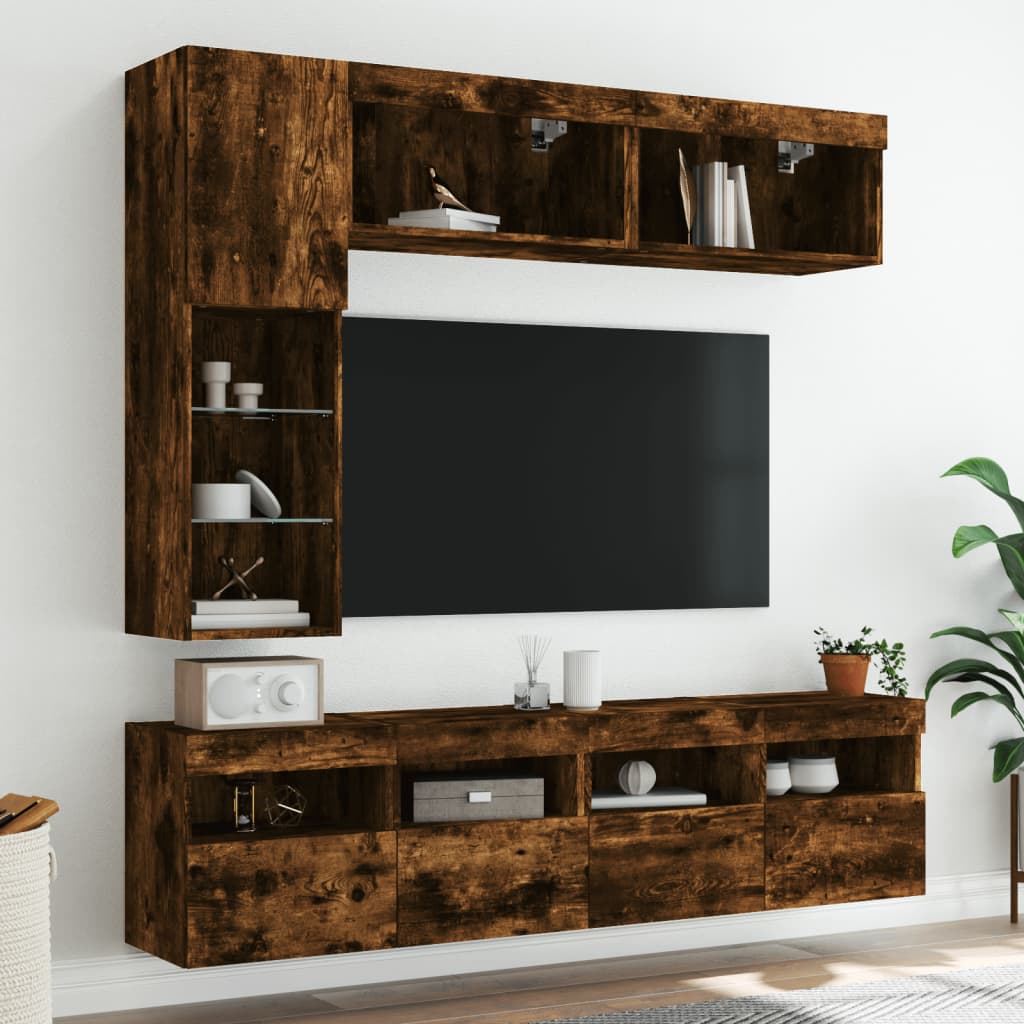 vidaXL 7-cz. zestaw ściennych szafek TV z LED, przydymiony dąb