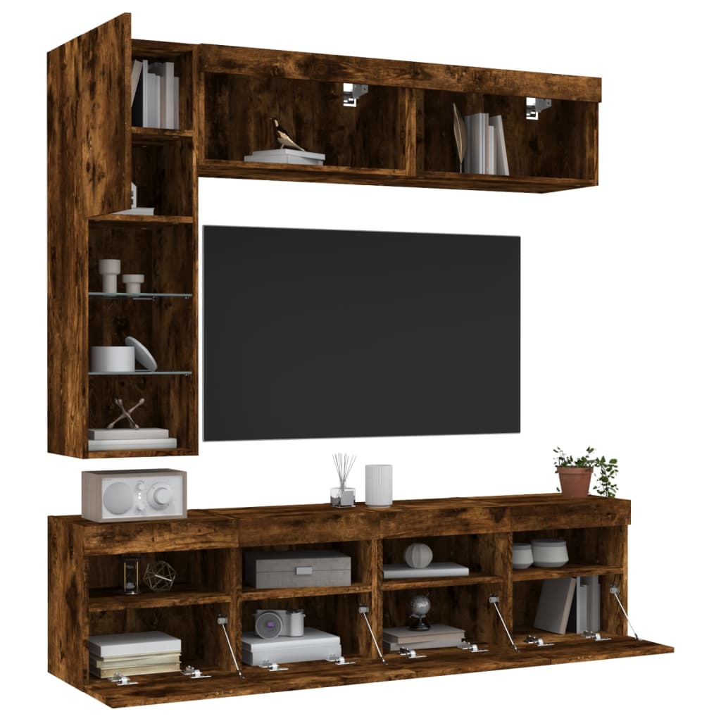 vidaXL 7-cz. zestaw ściennych szafek TV z LED, przydymiony dąb