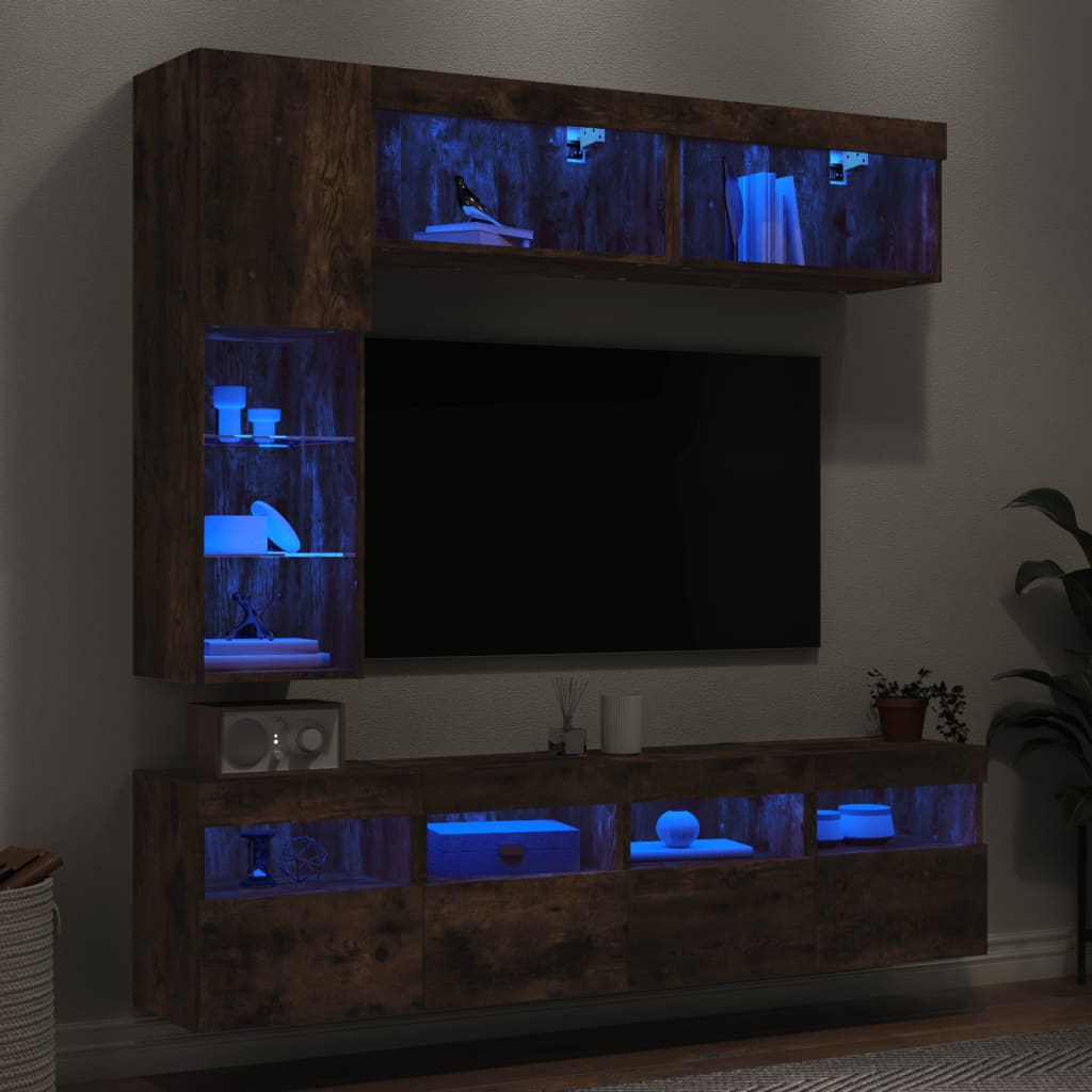 vidaXL 7-cz. zestaw ściennych szafek TV z LED, przydymiony dąb