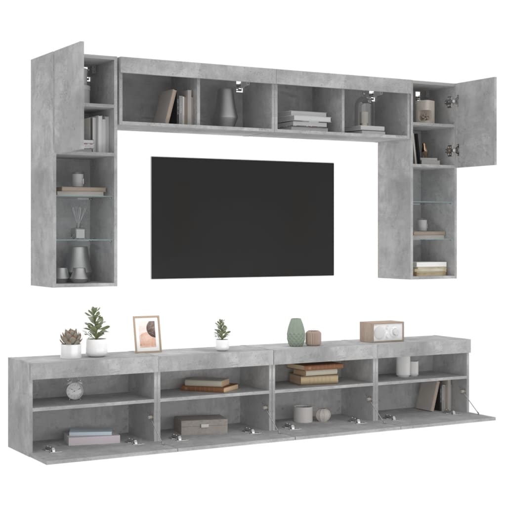 vidaXL 8-cz. zestaw ściennych szafek TV z LED, szarość betonu