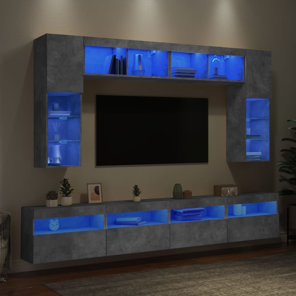 vidaXL 8-cz. zestaw ściennych szafek TV z LED, szarość betonu