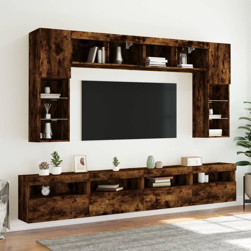 vidaXL 8-cz. zestaw ściennych szafek TV z LED, przydymiony dąb