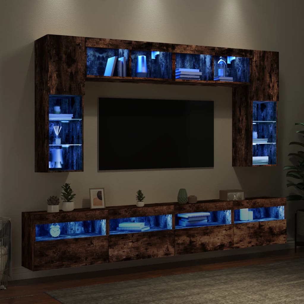 vidaXL 8-cz. zestaw ściennych szafek TV z LED, przydymiony dąb