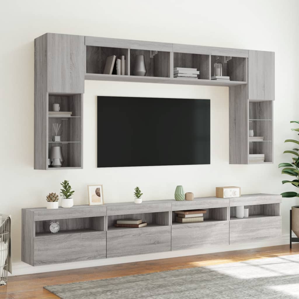 vidaXL 8-cz. zestaw ściennych szafek TV z LED, szary dąb sonoma