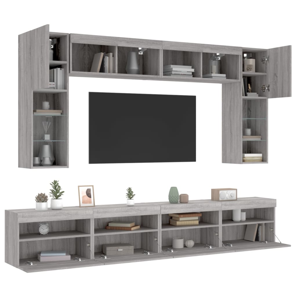 vidaXL 8-cz. zestaw ściennych szafek TV z LED, szary dąb sonoma