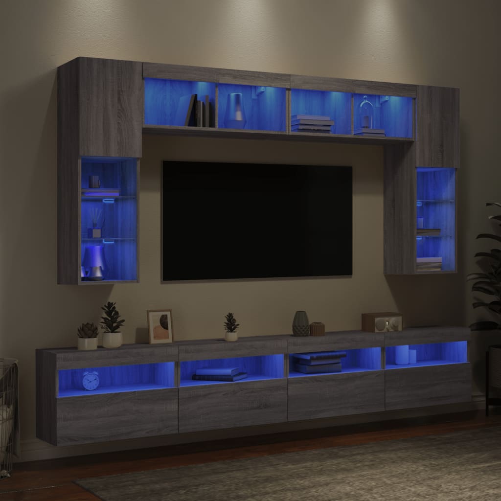 vidaXL 8-cz. zestaw ściennych szafek TV z LED, szary dąb sonoma